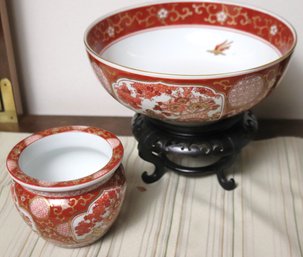 Gold Imari Hand Painted Bowl On Carved Black Stand And Planter.