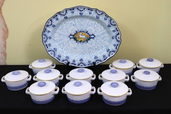 Large Hand Painted Majolica Platter Made In Italy & Set Of 11 Onion Soup Crocks W Lids Made In France
