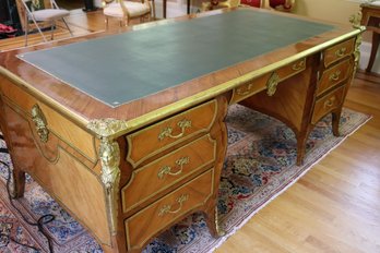 Large, Beautiful French Style Desk Fit For The Sun King With Green Leather Top, Marquetry And Ormolu