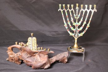 Modern Brass Menorah With Enamel Accents And Driftwood Menorah