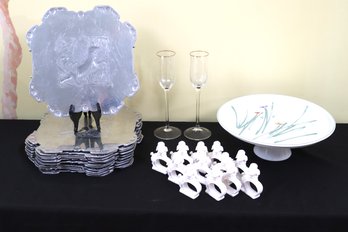 Mikasa Pedestal Cake Plate, 12 Pewter Place Mats With Embossed Lion & Poodle Motif Napkin Rings