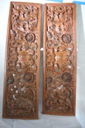 Pair Of Decorative Wooden Wall Panels With Beautifully Carved Flowers, And Leaves