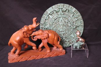 Carved Wood Elephant Sculpture, Green Stone Sundial, Jade Style Carved Elephant And Brass Xanadu Elephant Cloc