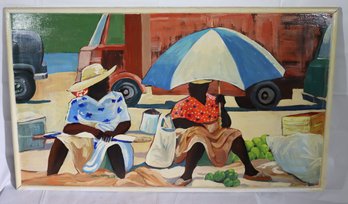 Signed Jan Farara Painting On Wood Board, Of Seated Women Talking At The Market