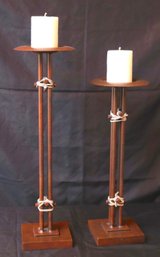 Set Of Modern Metal Candlesticks With Oxidized Iron Finish And Decorative Twine