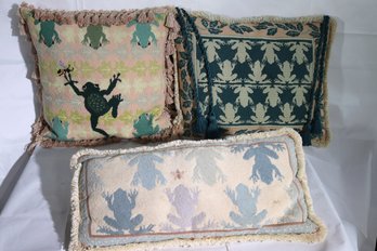 Lot Of 3 Needlepoint Pillows, Featuring Frog Designs And Velvet Backed