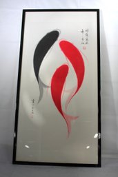 Chinese Scroll Painting On Paper Of 3 Koi Fish In Red And Black With Calligraphy And Stamp