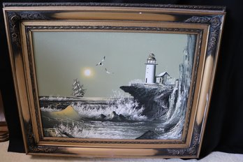 Retro Painting On Canvas Of Lighthouse And Foaming Waves With Antique Sailing  Ship Signed, Chang
