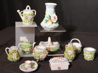 Collection Of Handmade/painted Miniatures From Germany Including Baskets, Pitchers And Vases