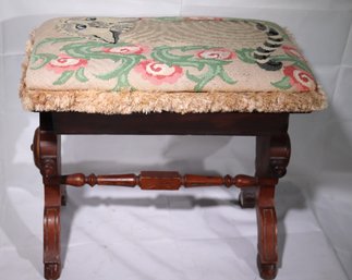 19th Century Renaissance Revival Bench With Seat Storage & Cat Needlepoint Seat