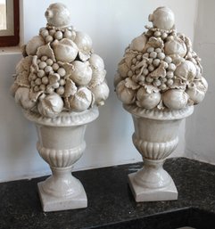 Pair Of White Ceramic Planters With Cornucopia Of Fruit