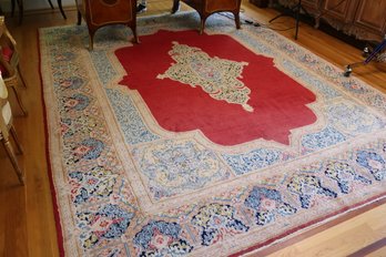 Handmade Kirman Area Rug Carpet, With Beautiful Medallion, And Stylized Border With Cream And Blue.