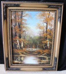 Retro Painting Of Forest With Pond And Autumn Trees