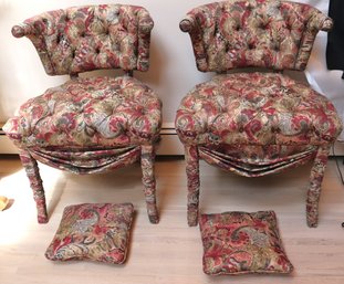 Pair Of Unique Custom-made Occasional Chairs With Colorful Print Upholstery.