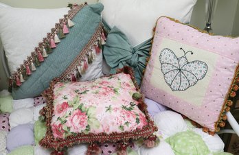 Collection Of Finely Handcrafted Decorative Accent Pillows Including Pink Floral Pillow With Tassels