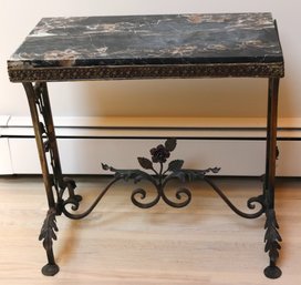 Vintage 1920s Marble Top Wrought Iron Floral Side Table.