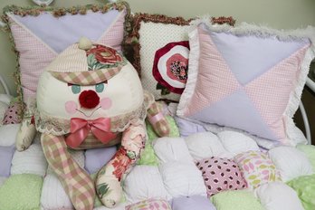 Collection Of Finely Handcrafted Decorative Accent Pillows Including Pink Floral With Tassels And Humpty Dumpt