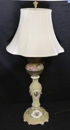 Dresden Schneballen Porcelain Kerosene Lamp With Miniature Porcelain Flowers, And Hand Painted Flowers.