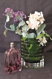Modern Green Glass Vase And Marbleized Glass Bottle.