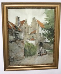Pastel Drawing? Or Lithograph Signed Garjanne, Of Dutch Girl And Houses.