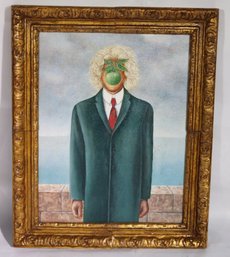 Magritte Style Portrait Of Man With Green Apple Face In Gold Frame
