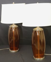 Pair Of Tall Modern, Amber Glass Table Lamps With Linen Paper Shades.