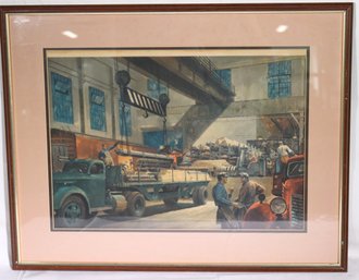 WPA Era Print Of Factory Workers With Trucks & Heavy Machinery