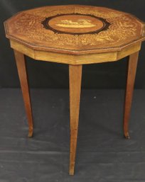 Italian Inlaid Burl Wood Side Table With Chariot Center Design.