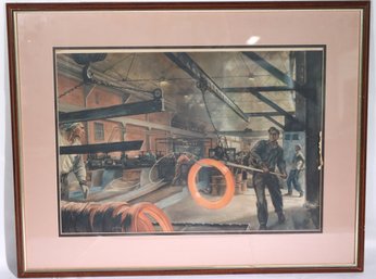WPA Era Print Of Factory Workers With Heavy Machinery & Coils Of Steel Wire
