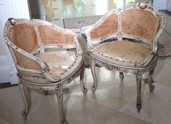 Pair Of Lovely French Romantic Boudoir Style Armchairs With Cane Backs And Damask Seat.