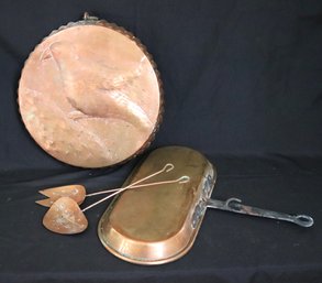 Vintage Copper Pie Plate With Embossed Bird, Oval Pan With Wrought Iron Handle & 2 Spoons Made In Israel