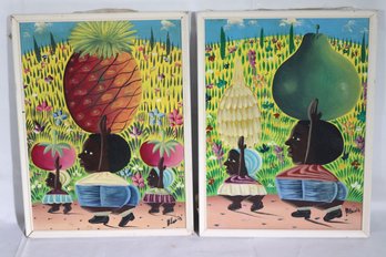 Two Haitian Farmers Satirical Folk Paintings Of Fruit Sellers Carrying Fruit, Signed  Alexis