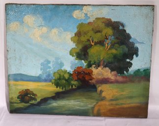 Antique Landscape Oil Painting On Canvas Of Country Road With Large Tree,  Signed On LR