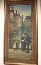 Painting On Fabric Of Lovers On Bridge And Houses On A Canal.