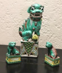 Set Of 3 Vintage Chinese Glazed Guardian Foo Dog Figures