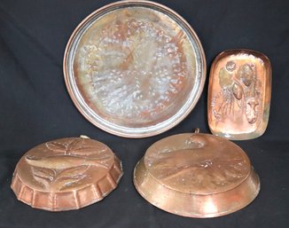 Vintage Decorative Copper Pieces With Large Embossed Tray, Pie Plates & Small Tray Incised With Lovers
