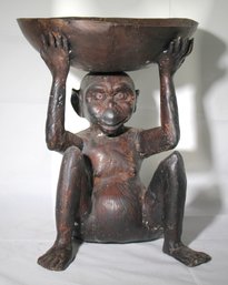 Cast Iron Monkey Sculpture Holding A Bowl