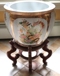 Large Chinese Garden Planter With Wood Stand Well Kept Indoors