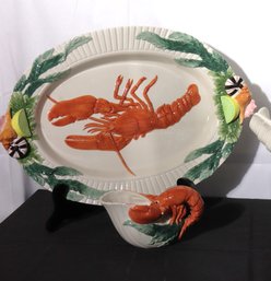 Two Pieces Of Fitz And Floyd Lobster Platter With Dipping Bowl & Large Shell.