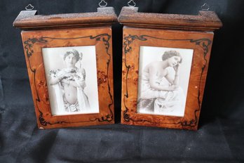 Two Burl Wood Boxes For Keys With Antique Style Photos.