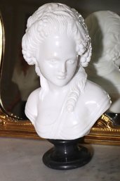 Contemporary White Marble Bust Of A Beautiful Young Girl With Ringlets, On Black Marble Base.