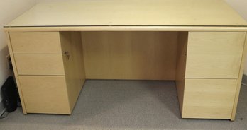 Contemporary Blonde Wood Desk With 3 File Drawers, Lock, And Protective Glass Top