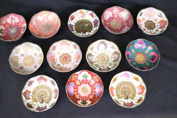 Lot Of 12 Colorful Decorative Brass Bowls Made In India With Peacocks & Colorful Patterns