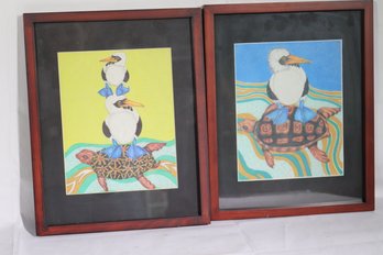 Two Watercolor Drawings Of Turtles, With Birds On Their Backs
