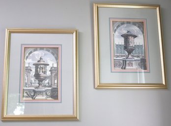 Pair Of Framed Roman Prints In Gold Finished Frames