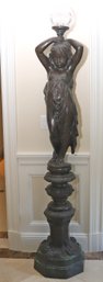 Extra Tall, Patinated Metal Sculpture Or Statue, Of Young Maiden With Glass Shade On Her Head.