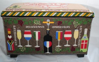 Treasure Box Covered With One-of-a-kind Needlepoint Depicting Wines And Cheeses.
