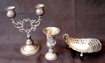 Sterling Silver 3 Pc Assorted Lot-Footed Nut Dish.  Small 2 Arm Candelabra, Kiddush Cup