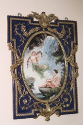 Decorative Plaque With Hand Painted Maidens By Waterfall On Cobalt Blue Background  With Brass Ormolu