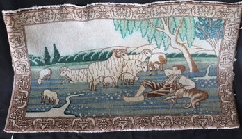 Hand Woven Persian Wool Mat With Scene Of Shepherd And Sheep.
